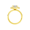 A profile view of the Radiant cut diamond engagement ring in 14k yellow gold with a diamond channel band and cathedral setting