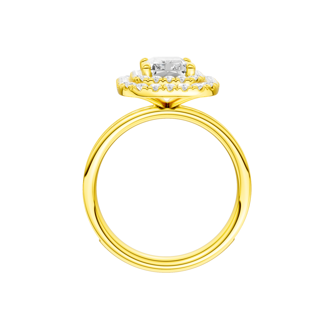 A profile view of the Radiant cut diamond engagement ring in 14k yellow gold with a diamond channel band and cathedral setting