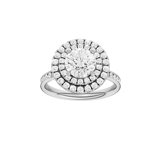 A front view of the Round cut diamond engagement ring in 14k white gold with a diamond channel band and cathedral setting