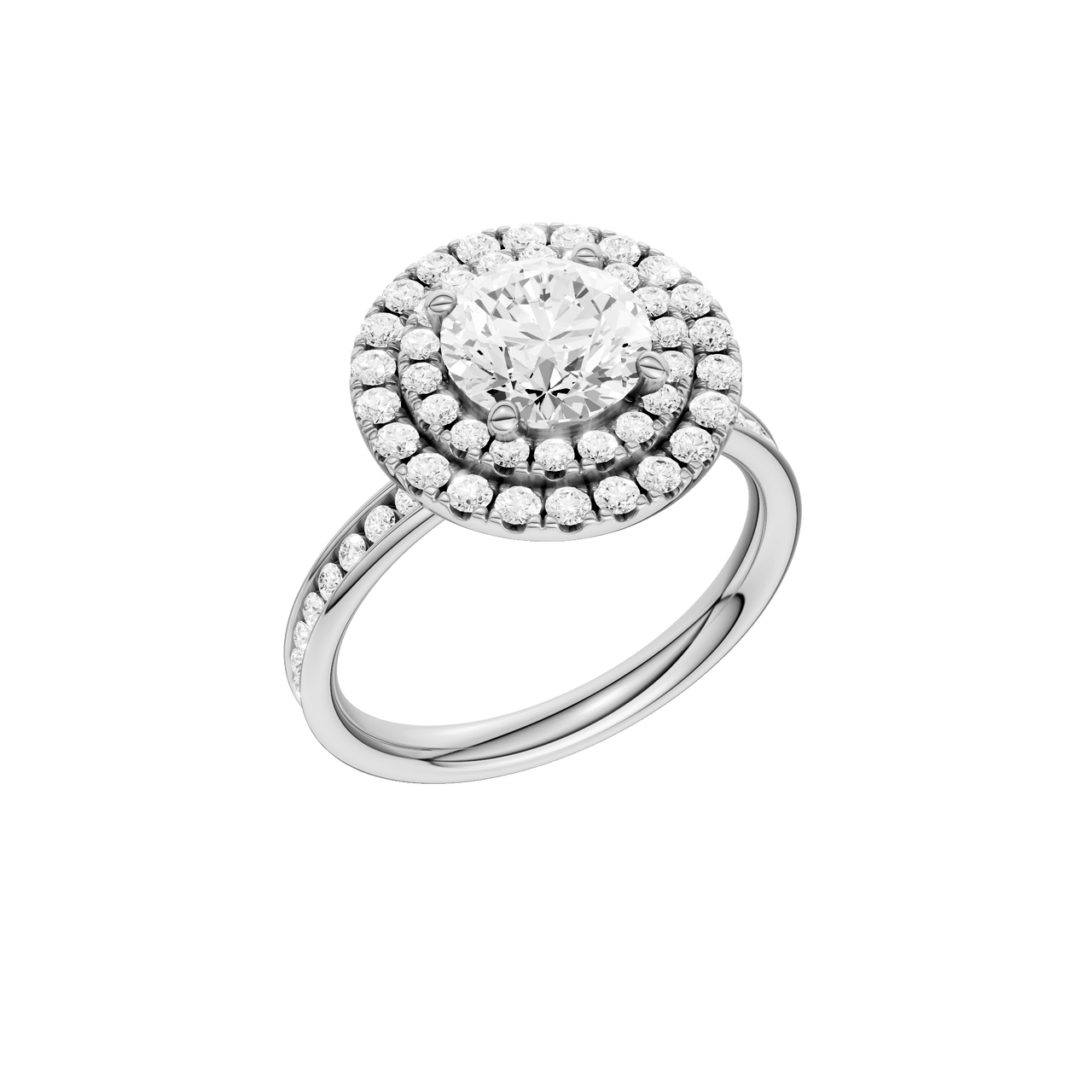 A three-quarter view of the Round cut diamond engagement ring in platinum with a diamond channel band and cathedral setting