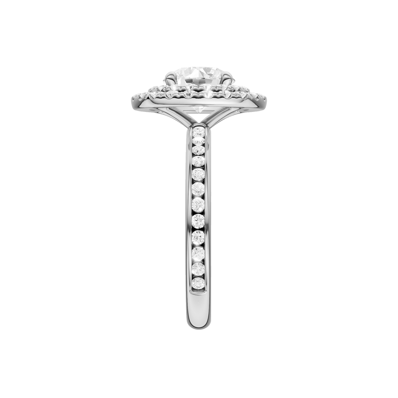 A side view of the Round cut diamond engagement ring in 14k white gold with a diamond channel band and cathedral setting