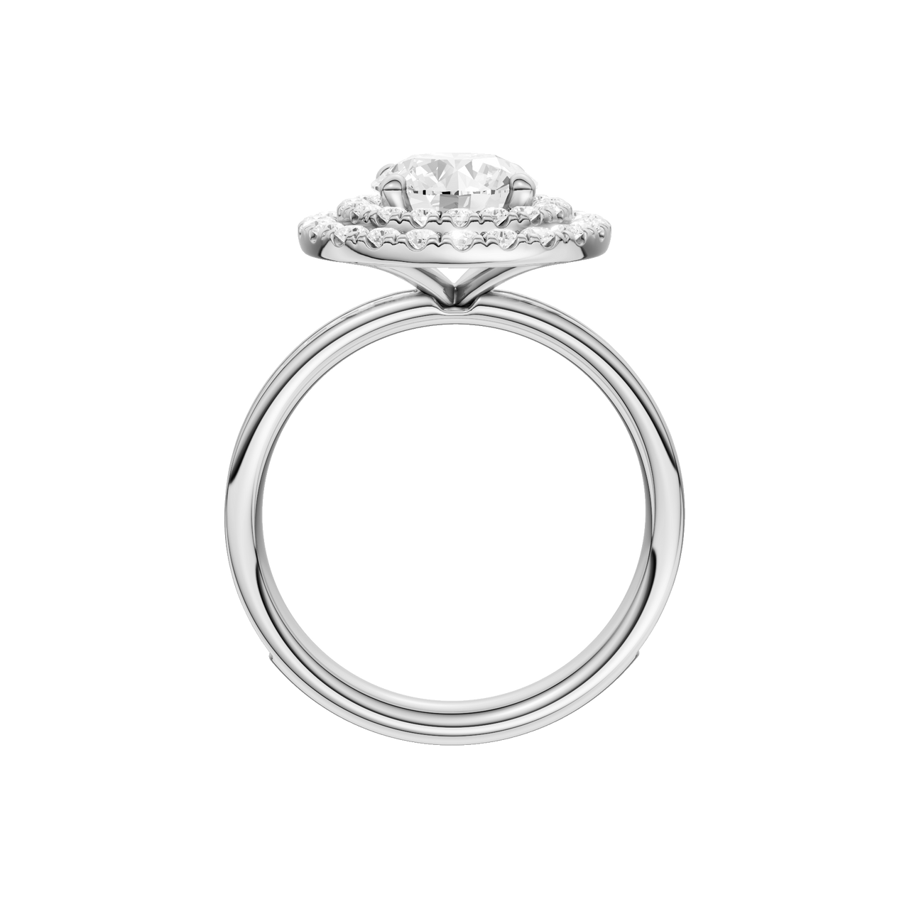A profile view of the Round cut diamond engagement ring in platinum with a diamond channel band and cathedral setting