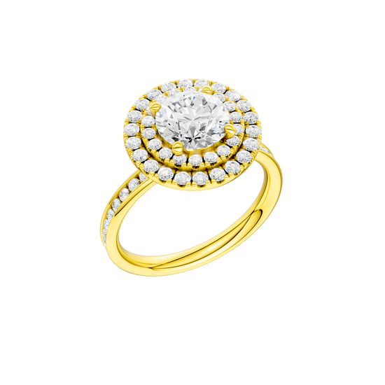 A three-quarter view of the Round cut diamond engagement ring in 14k yellow gold with a diamond channel band and cathedral setting