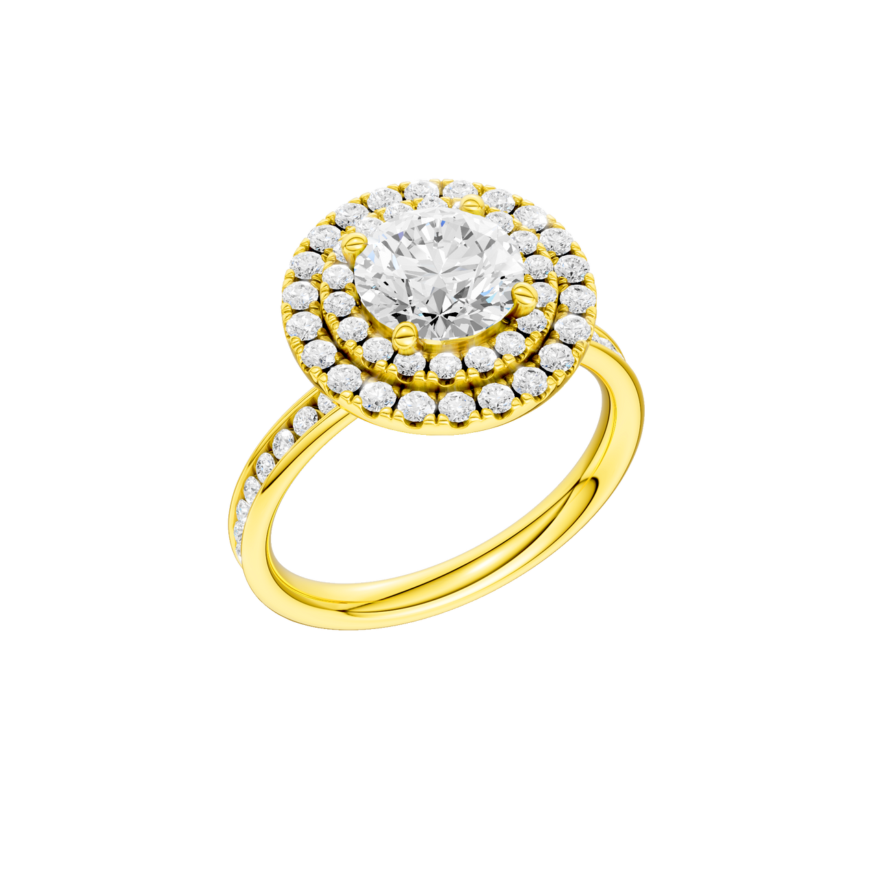 A three-quarter view of the Round cut diamond engagement ring in 14k yellow gold with a diamond channel band and cathedral setting
