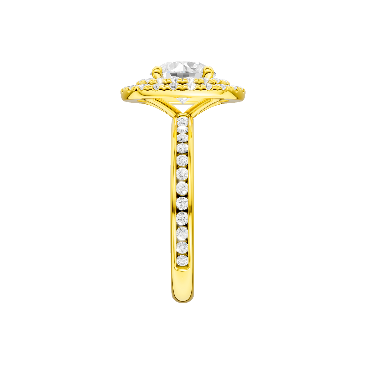 A side view of the Round cut diamond engagement ring in 14k yellow gold with a diamond channel band and cathedral setting