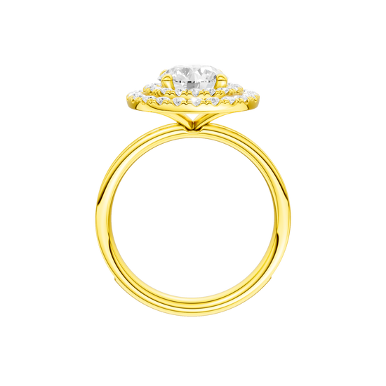 A profile view of the Round cut diamond engagement ring in 14k yellow gold with a diamond channel band and cathedral setting