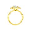 A profile view of the Round cut diamond engagement ring in 14k yellow gold with a diamond channel band and cathedral setting