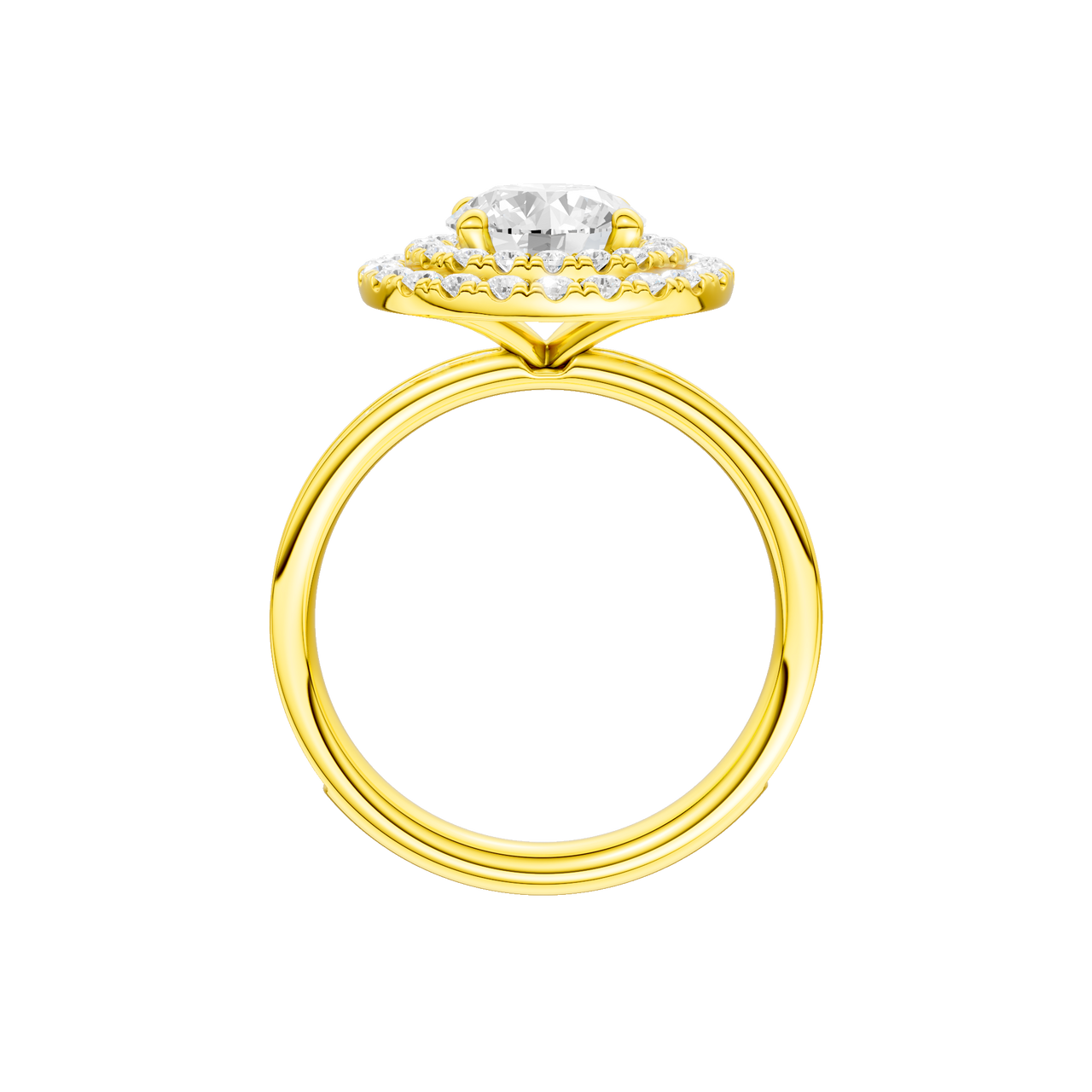 A profile view of the Round cut diamond engagement ring in 14k yellow gold with a diamond channel band and cathedral setting