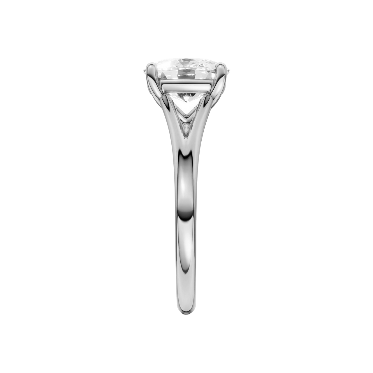 A side view of the Elongated cushion cut diamond engagement ring in platinum with a plain band and split setting
