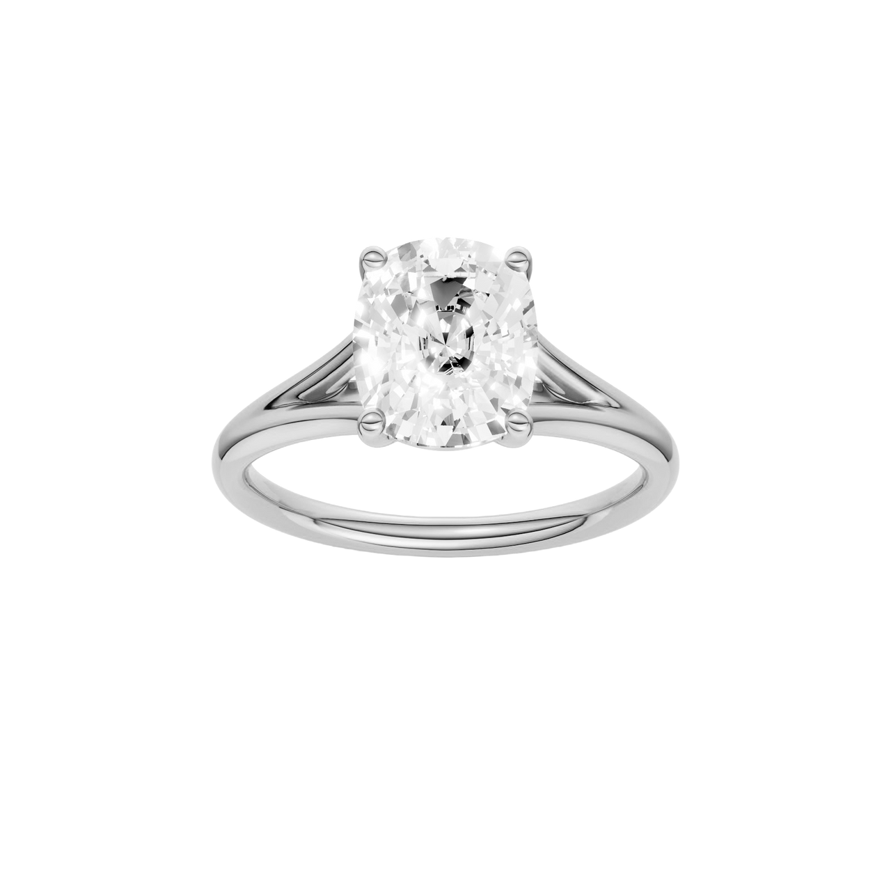 A front view of the Elongated cushion cut diamond engagement ring in platinum with a plain band and split setting