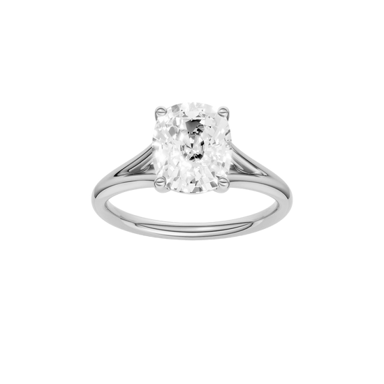 A front view of the Elongated cushion cut diamond engagement ring in 14k white gold with a plain band and split setting