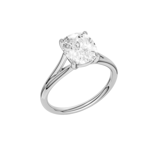 A  three-quarter view of the Elongated cushion cut diamond engagement ring in 14k white gold with a plain band and split setting
