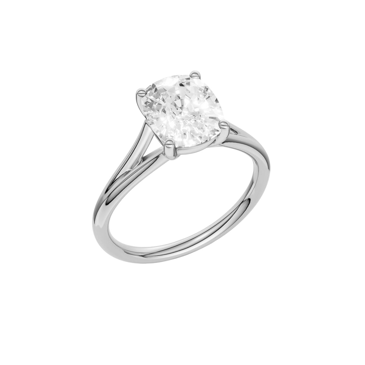 A  three-quarter view of the Elongated cushion cut diamond engagement ring in platinum with a plain band and split setting