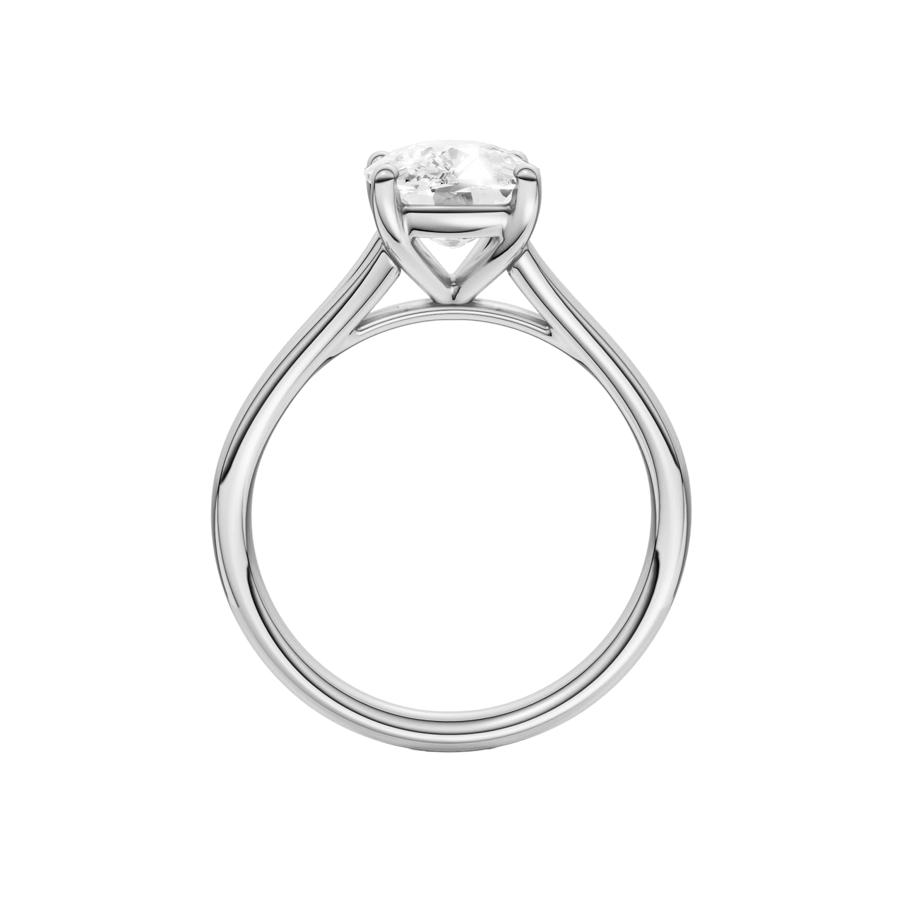 A profile view of the Elongated cushion cut diamond engagement ring in platinum with a plain band and split setting