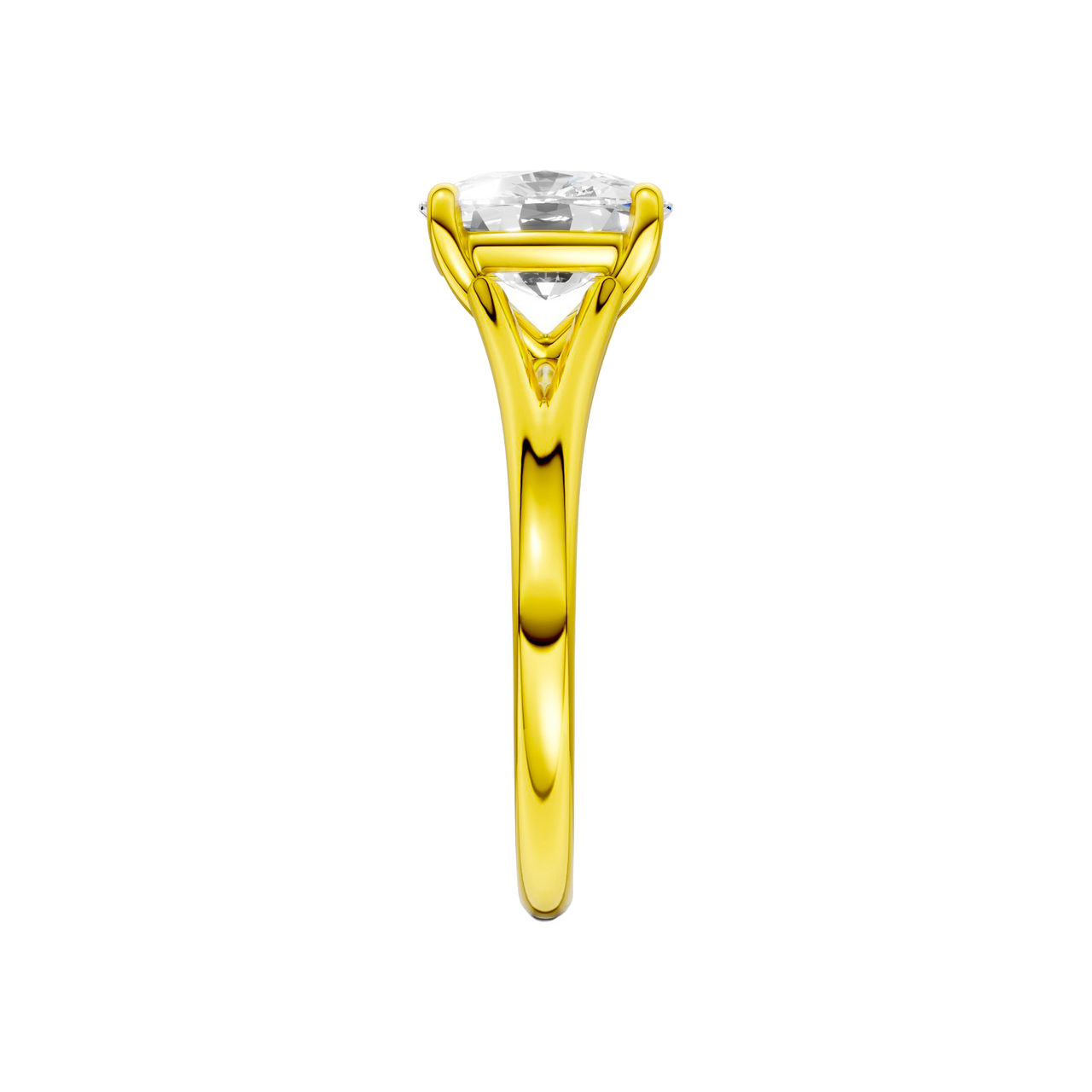 A side view of the Elongated cushion cut diamond engagement ring in 14k yellow gold with a plain band and split setting