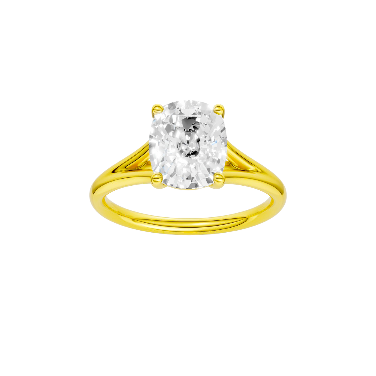 A front view of the Elongated cushion cut diamond engagement ring in 14k yellow gold with a plain band and split setting