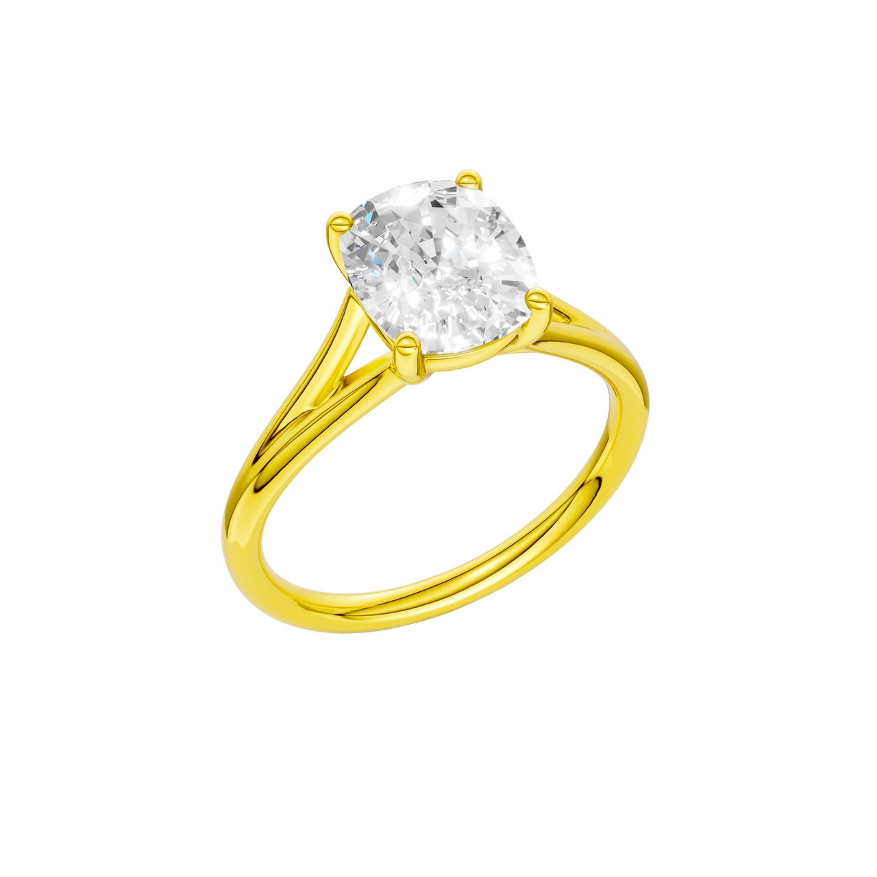 A  three-quarter view of the Elongated cushion cut diamond engagement ring in 14k yellow gold with a plain band and split setting