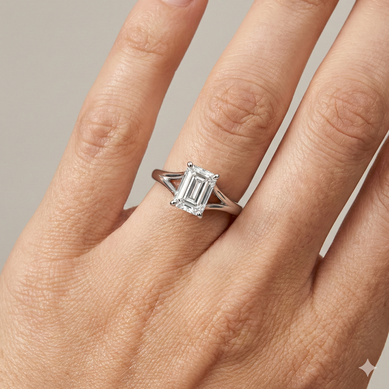 Emerald cut diamond engagement ring in 14k white gold with a plain band and split setting on a hand