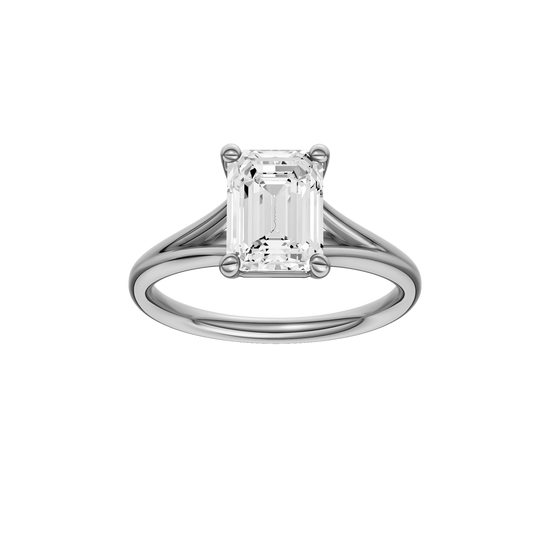 A front view of the Emerald cut diamond engagement ring in platinum with a plain band and split setting