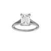 A front view of the Emerald cut diamond engagement ring in platinum with a plain band and split setting