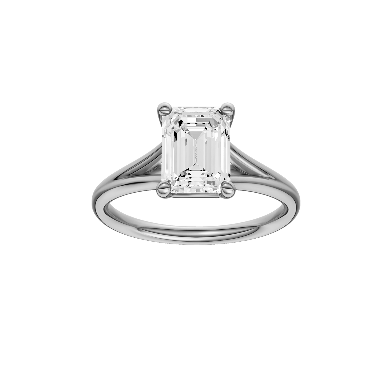 A front view of the Emerald cut diamond engagement ring in platinum with a plain band and split setting