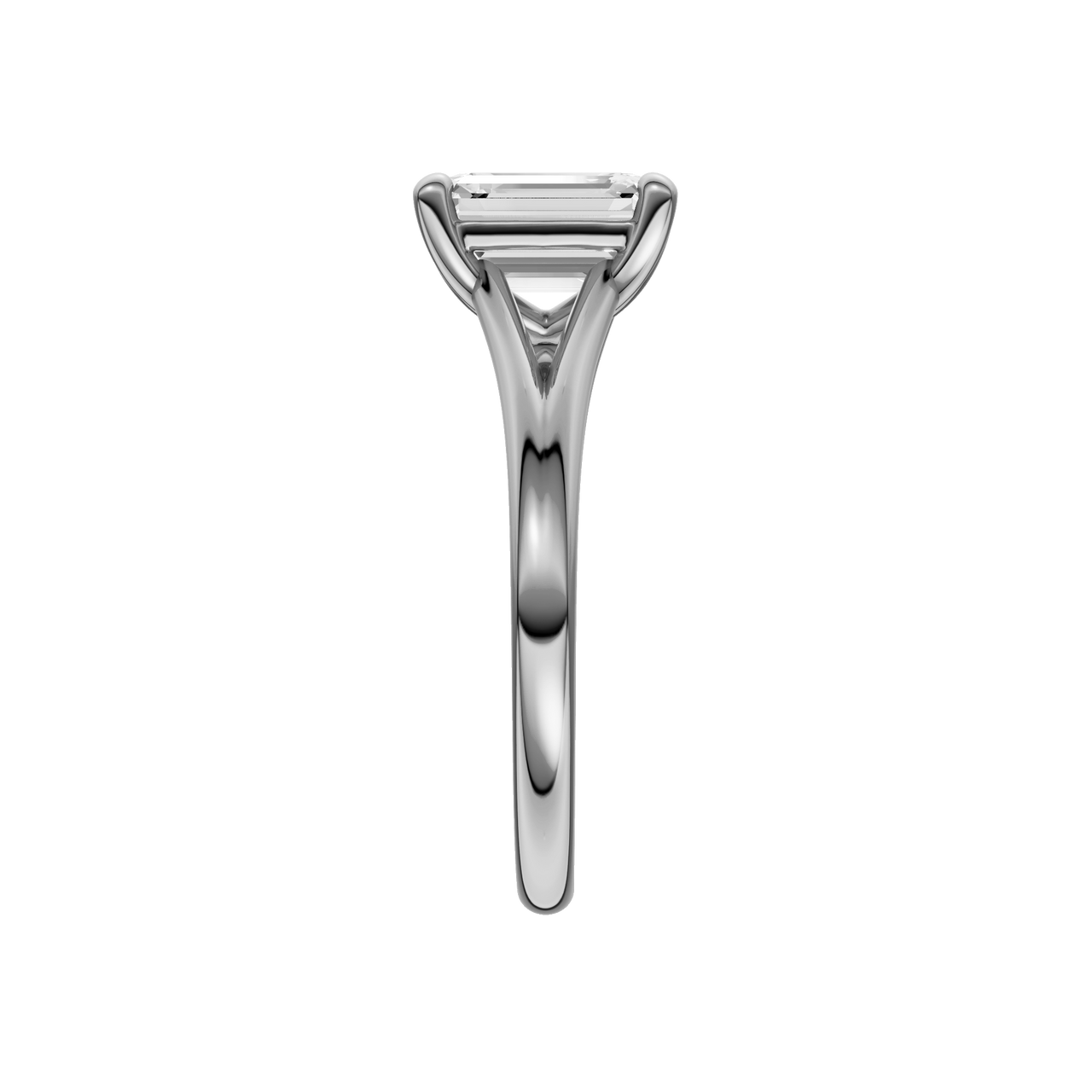 A side view of the Emerald cut diamond engagement ring in 14k white gold with a plain band and split setting