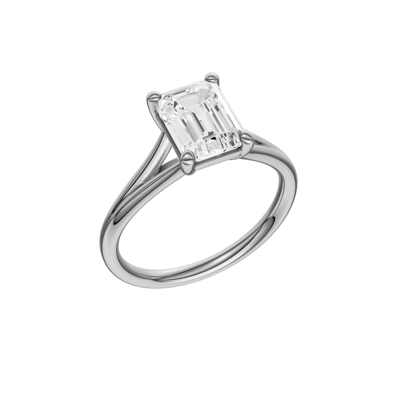 A three-quarter view of the Emerald cut diamond engagement ring in 14k white gold with a plain band and split setting
