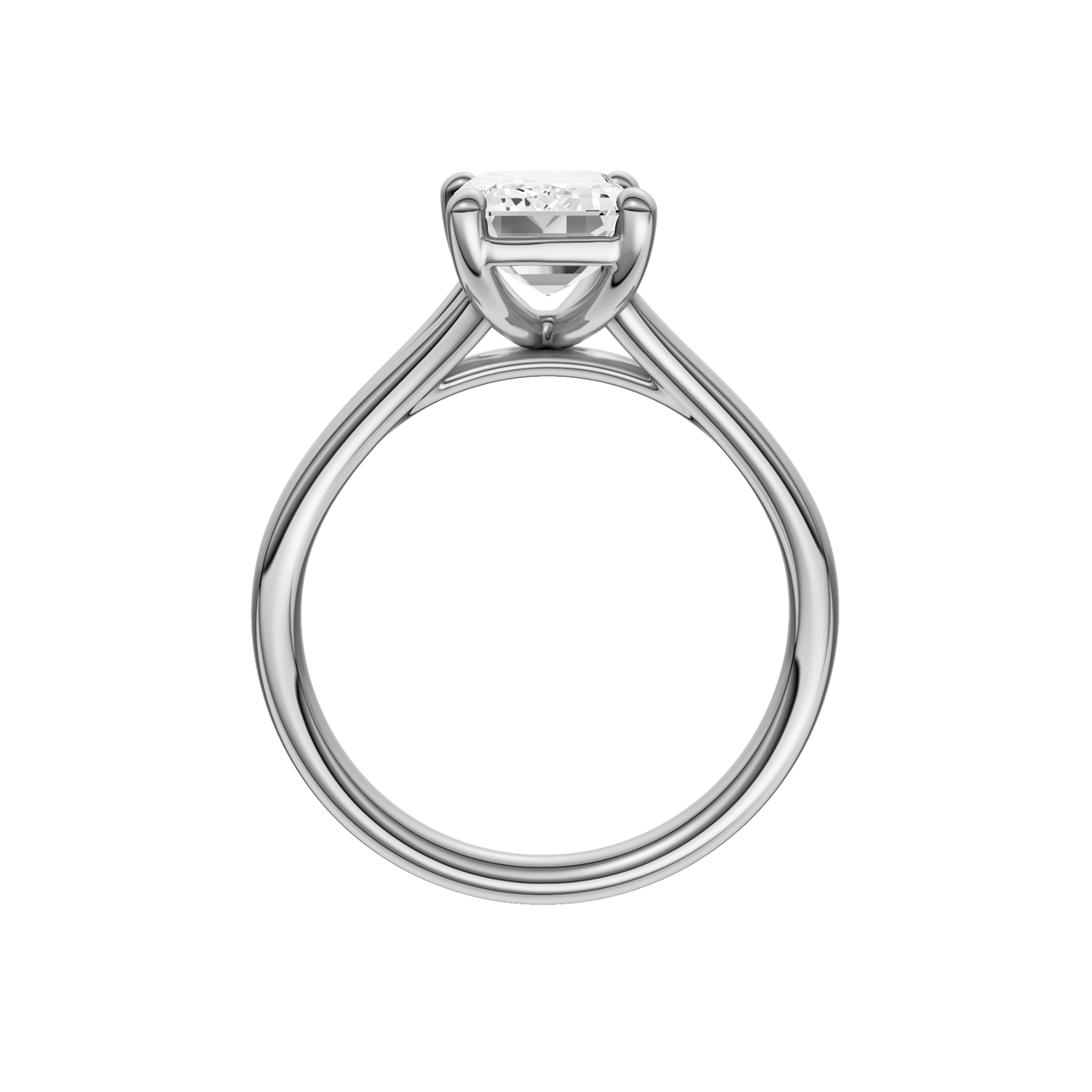A profile view of the Emerald cut diamond engagement ring in platinum with a plain band and split setting
