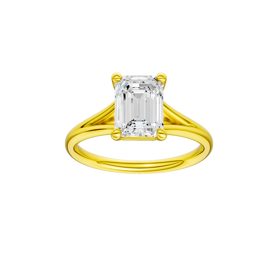 A front view of the Emerald cut diamond engagement ring in 14k yellow gold with a plain band and split setting