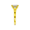 A side view of the Emerald cut diamond engagement ring in 14k yellow gold with a plain band and split setting