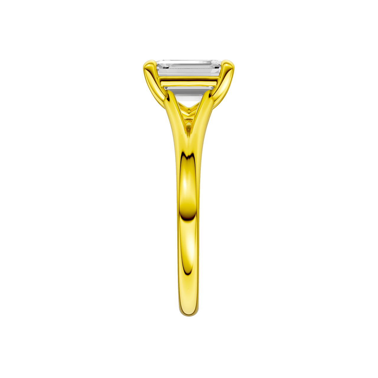 A side view of the Emerald cut diamond engagement ring in 14k yellow gold with a plain band and split setting