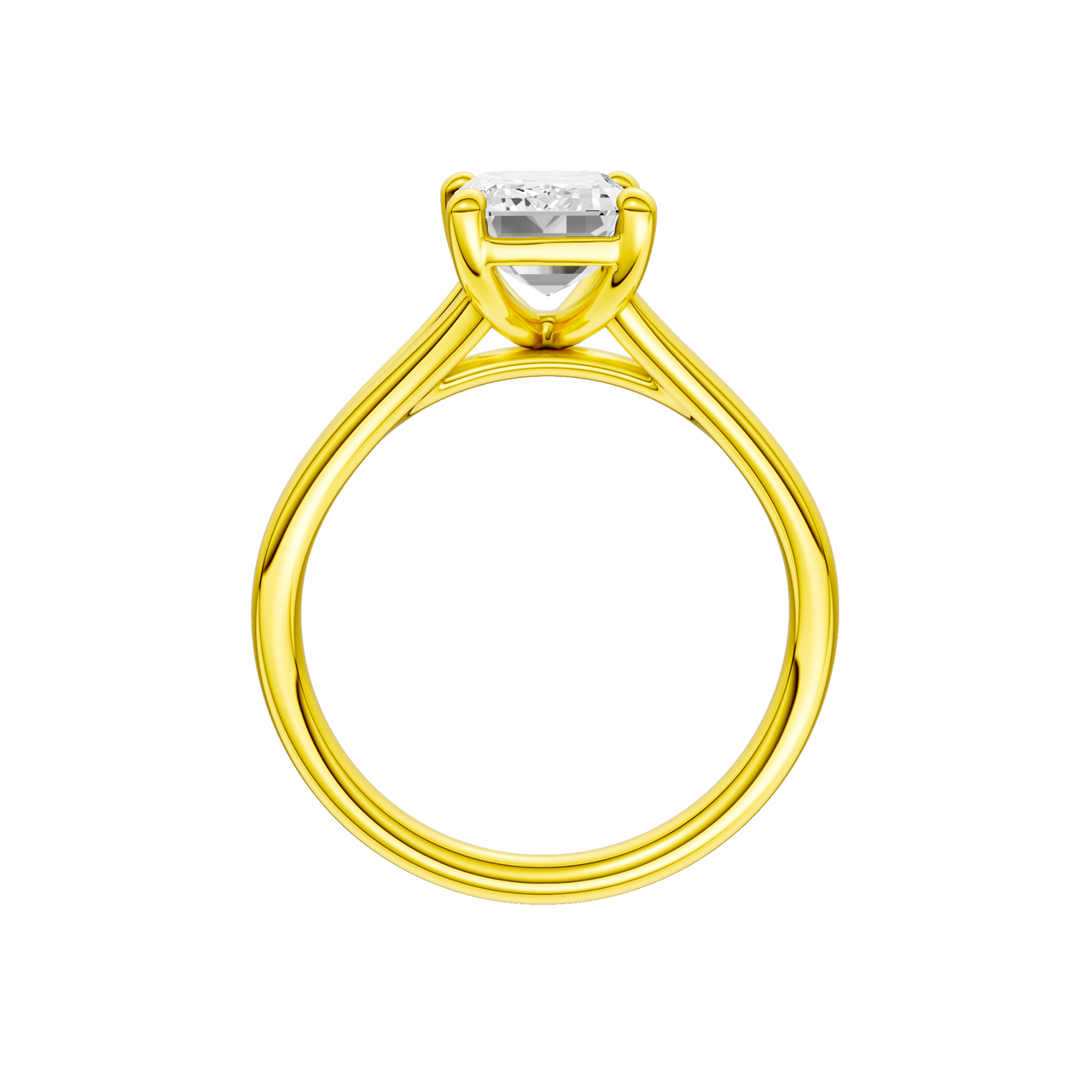 A profile view of the Emerald cut diamond engagement ring in 14k yellow gold with a plain band and split setting