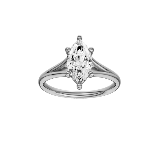 A front view of the Marquise cut diamond engagement ring in platinum with a plain band and solitaire setting