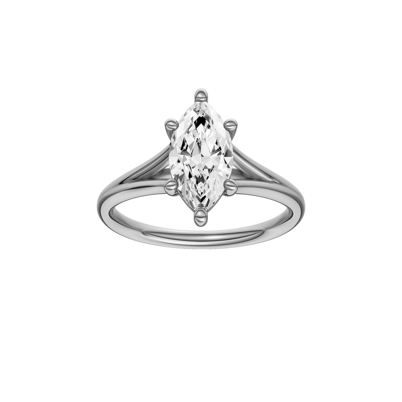 A front view of the Marquise cut diamond engagement ring in 14k white gold with a plain band and solitaire setting