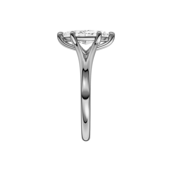 A side view of the Marquise cut diamond engagement ring in platinum with a plain band and solitaire setting
