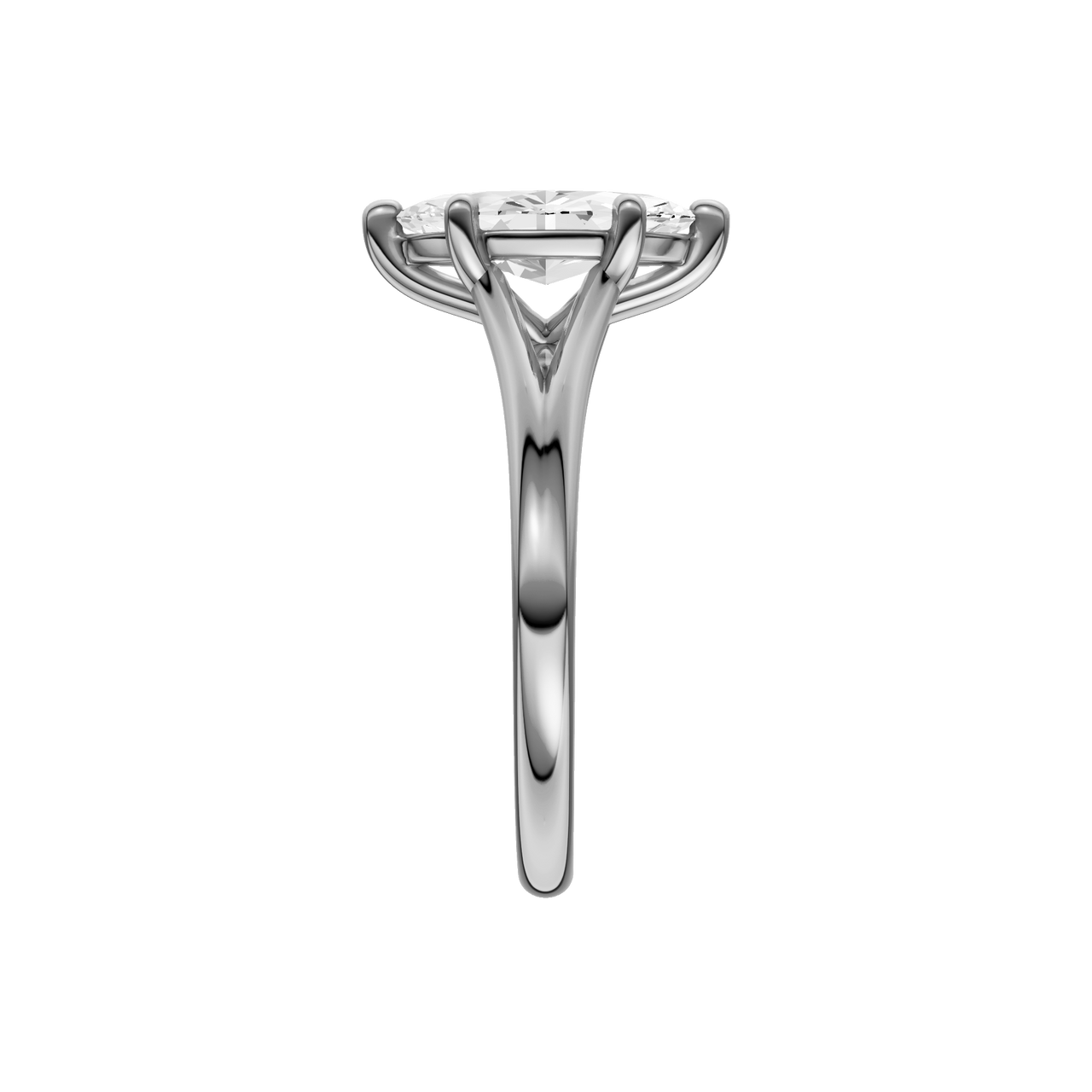 A side view of the Marquise cut diamond engagement ring in platinum with a plain band and solitaire setting