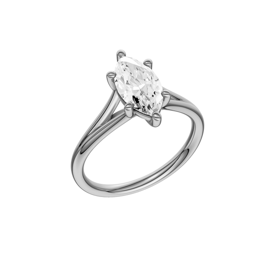 A three-quarter view of the Marquise cut diamond engagement ring in platinum with a plain band and solitaire setting