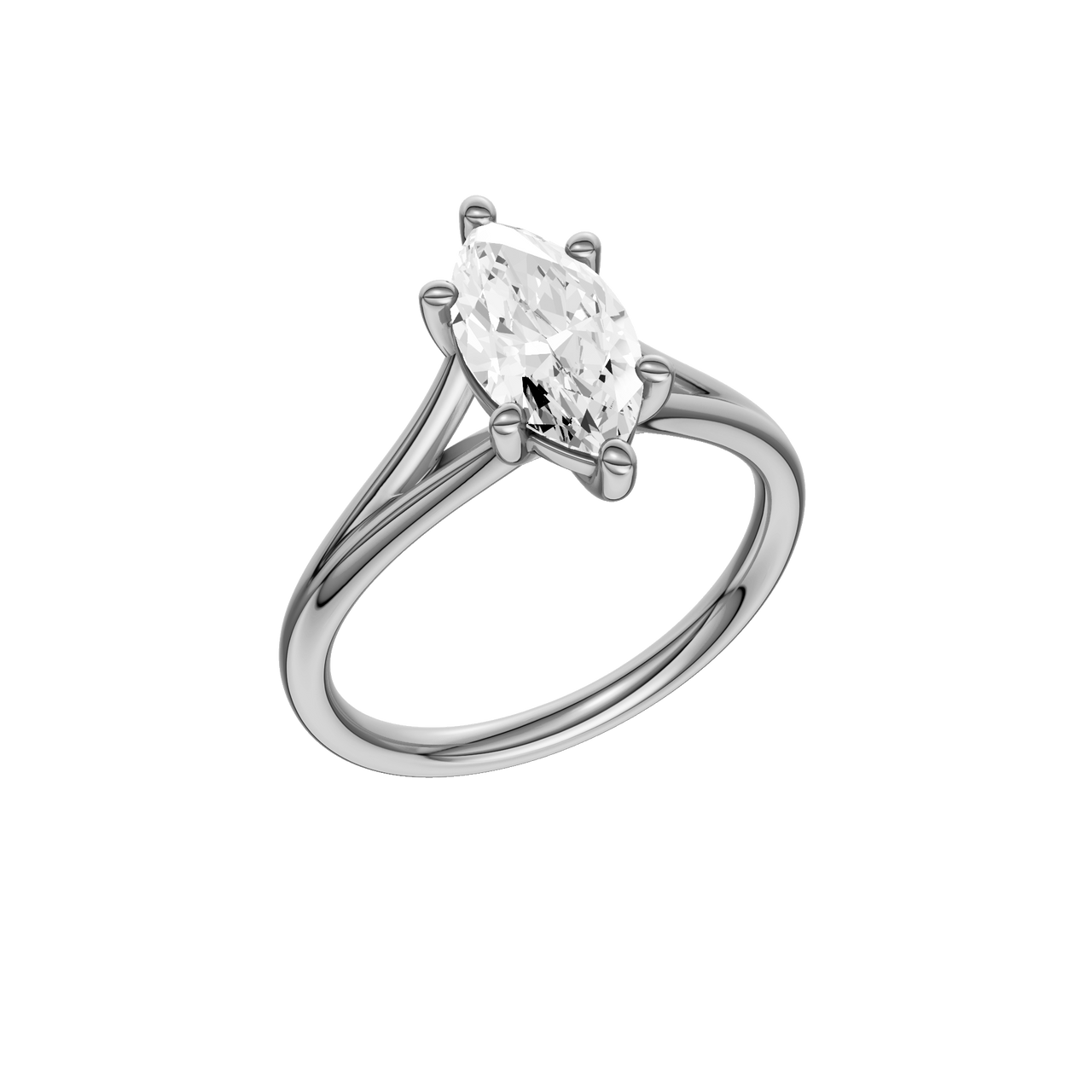 A three-quarter view of the Marquise cut diamond engagement ring in platinum with a plain band and solitaire setting