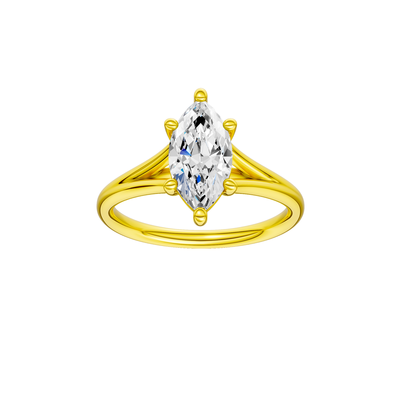 A front view of the Marquise cut diamond engagement ring in 14k yellow gold with a plain band and solitaire setting