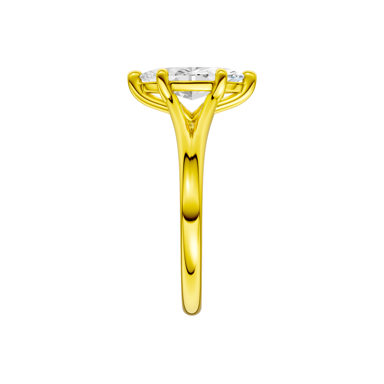 A side view of the Marquise cut diamond engagement ring in 14k yellow gold with a plain band and solitaire setting