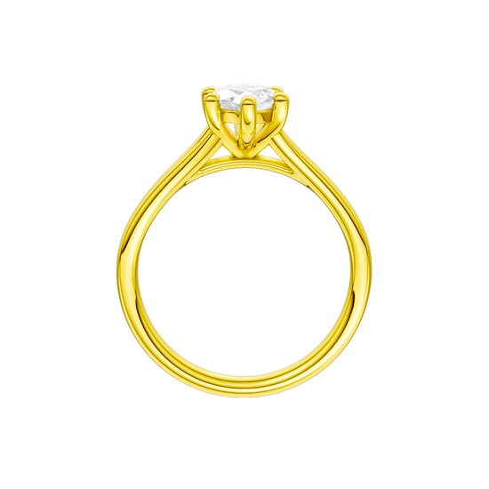 A profile view of the Marquise cut diamond engagement ring in 14k yellow gold with a plain band and solitaire setting