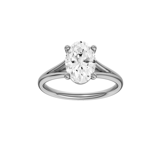 A front view of the Oval cut diamond engagement ring in platinum with a plain band and split setting