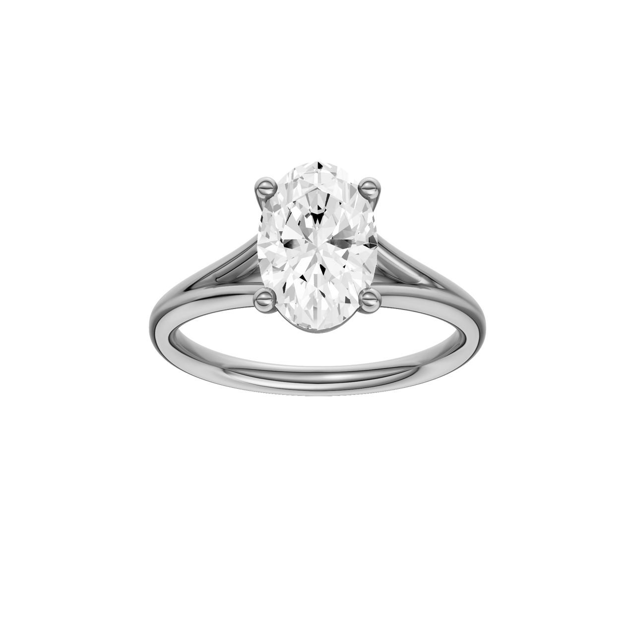 A front view of the Oval cut diamond engagement ring in platinum with a plain band and split setting