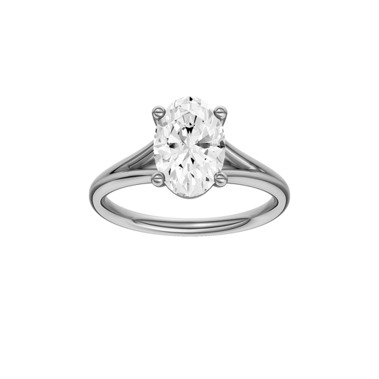A front view of the Oval cut diamond engagement ring in 14k white gold with a plain band and split setting