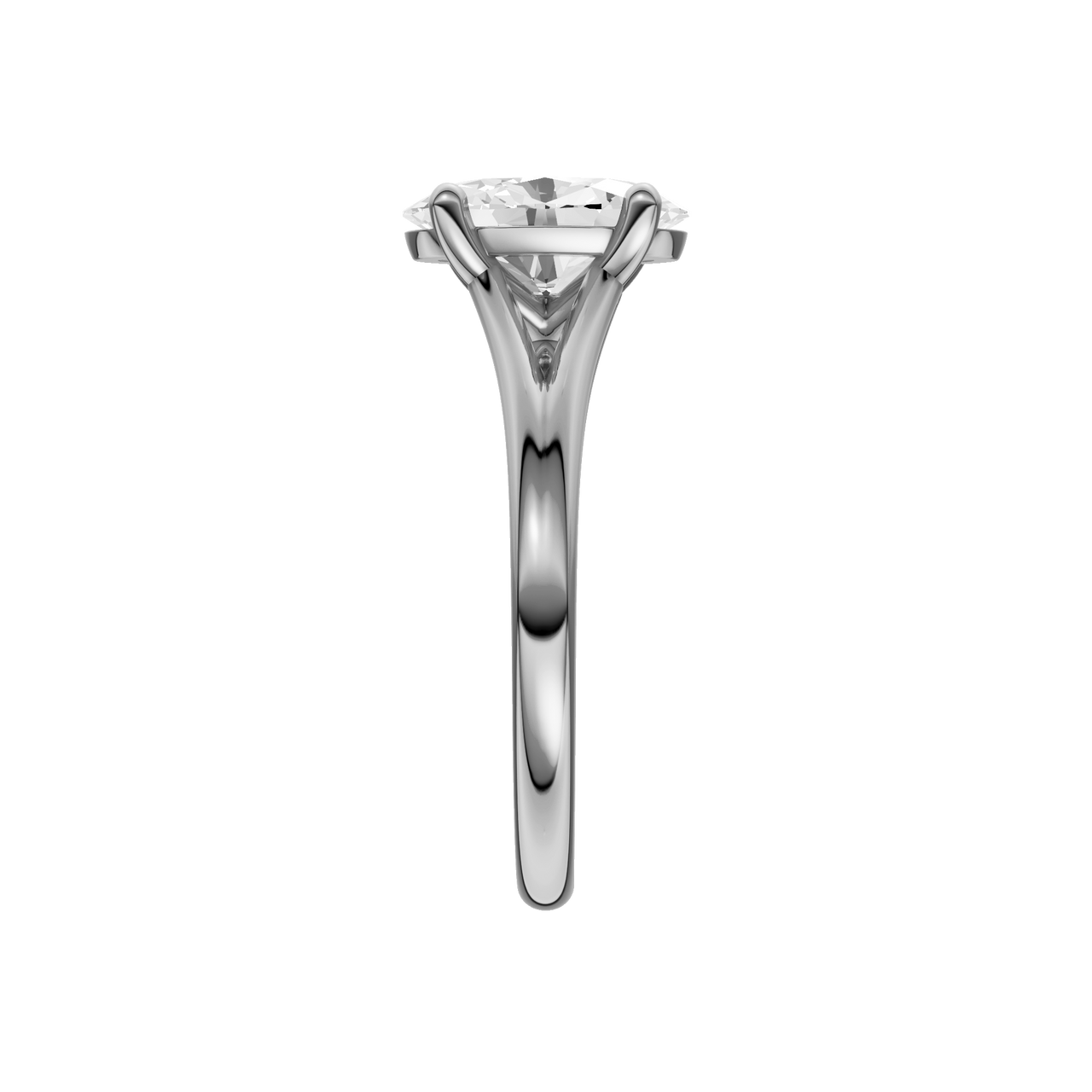 A side view of the Oval cut diamond engagement ring in 14k white gold with a plain band and split setting