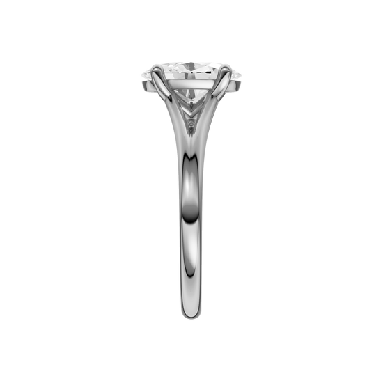 A side view of the Oval cut diamond engagement ring in platinum with a plain band and split setting