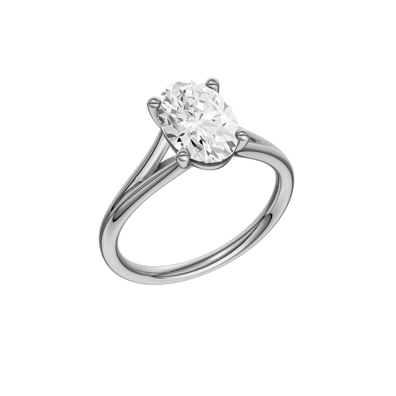 A three-quarter view of the Oval cut diamond engagement ring in platinum with a plain band and split setting