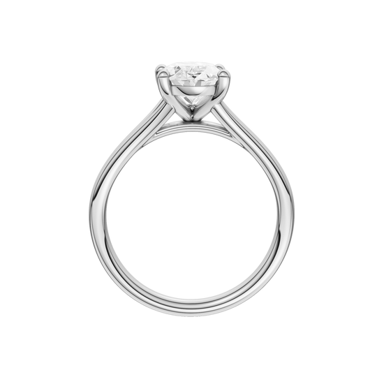 A profile view of the Oval cut diamond engagement ring in platinum with a plain band and split setting