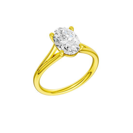 A three-quarter view of the Oval cut diamond engagement ring in 14k yellow gold with a plain band and split setting