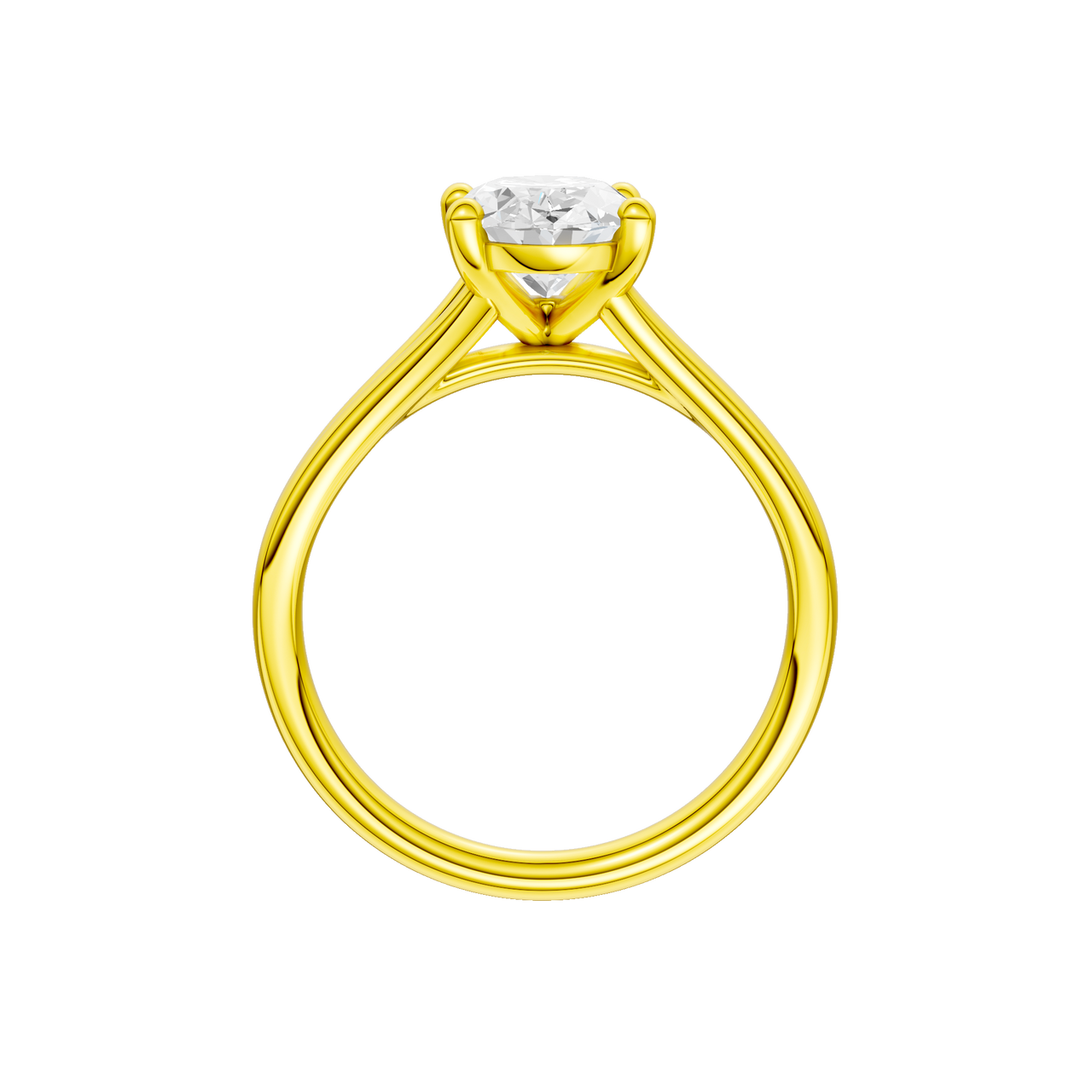 A profile view of the Oval cut diamond engagement ring in 14k yellow gold with a plain band and split setting